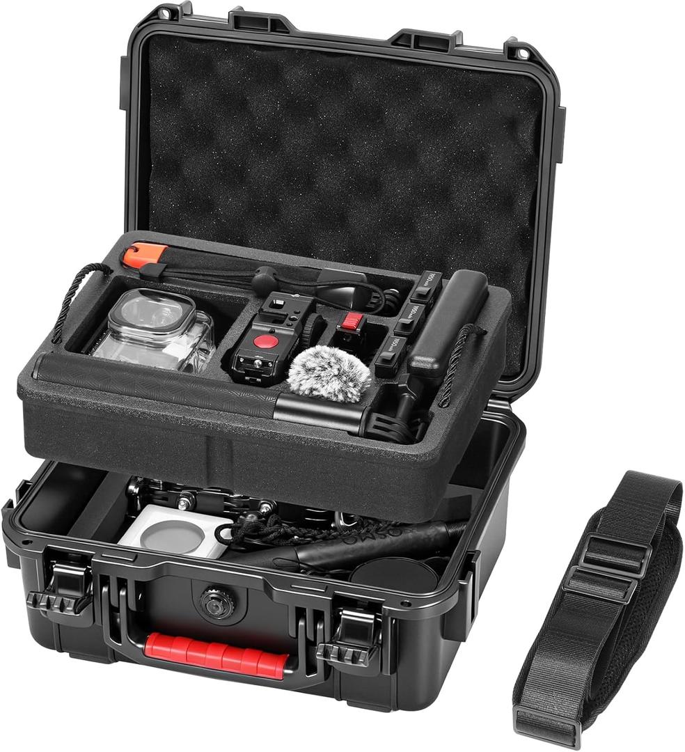 AMAZEAR Waterproof Hard Case for DJI OSMO Action 6, Action6 Pro Accessory Dual Layer Shockproof Carrying Box Hardshell Travel Case with Soft EVA Inner, Shoulder Strap Included, Black