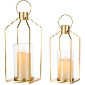 NUPTIO Gold Lanterns Decorative Indoor: 2 Set of Hanging Metal Candle Lantern with Bottomless Hurricane Glass for Wedding Home Front Porch Outdoor Living Room Fireplace Christmas Table Centerpiece