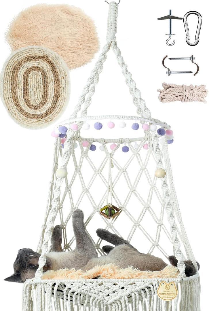 KARCEEY Hanging Cat Bed Macrame Cat Hammock Window Perch with Catnip Mat for Wall Window Indoor/Outdoor