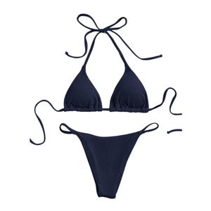 SHENHE Women's Ribbed Knit Halter Triangle Bikini Set Deep Blue (L)
