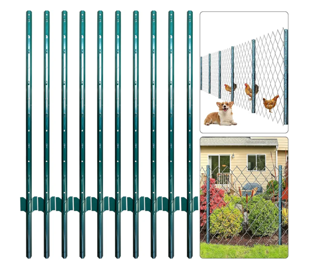 Metal Fence Posts, 4 Feet, Pack of 10, U-Channel Steel Fence Poles for Garden Wire Mesh and Signs