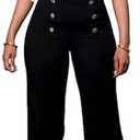 Women's Stretchy High Waisted Wide Leg Button-Down Pants Sailor Bell Flare Trousers, Black, XL