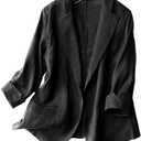 Kinghua Women's Casual One Button Linen Blazer Jackets Lapel 3/4 Sleeve Suit Blazer (Black, )