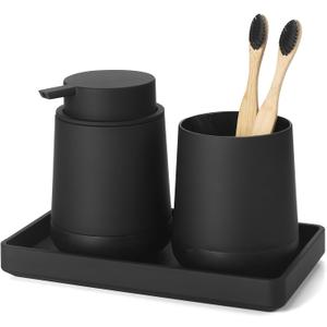 Black Bathroom Countertop Accessories Set - Soap Dispenser and Toothbrush Holder with Silicone Boot,Vanity Tray (Black Liquid)