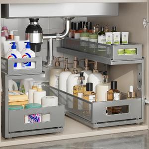 2 Pack 18.5IN-Depth Under Sink Organizer With Next-Gen Ball-Bearing Slides,2-Tier Pull Out Cabinet Storage,Height Adjustable Drawer Shelf for Bathroom,Kitchen,Laundry,Cabinet,Pantry-Gray