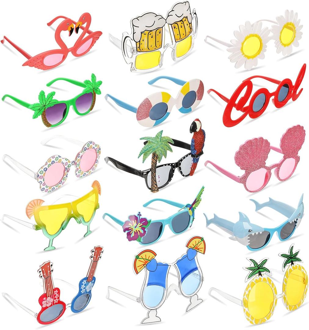 Pumtus 15 Pairs Luau Party Sunglasses, Plastic Novelty Funny Hawaiian Glasses, Tropical Fancy Dress Props, Summer Sunglasses Party Favors, Photo Booth Props, Party Accessory for Birthday, Themed Party