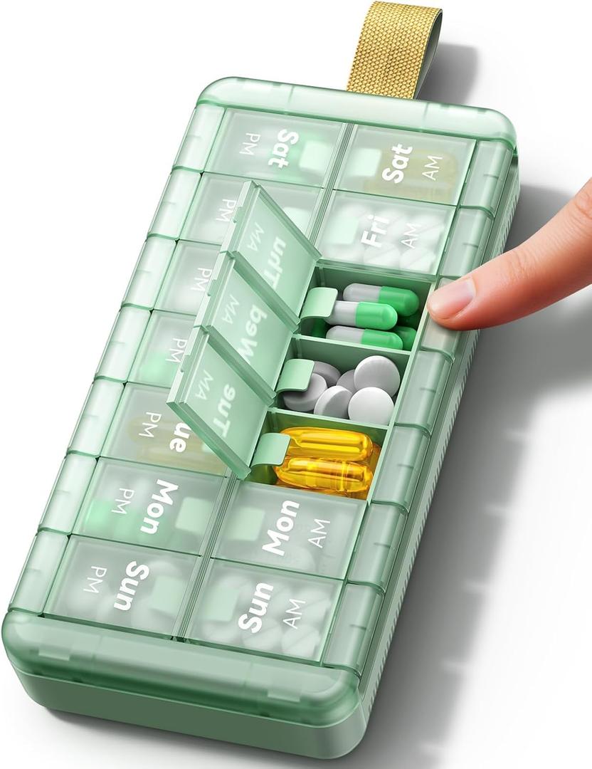 AM PM Weekly Pill Organizer 2 Times a Day, Large Pill Box 7 Day with Easy Push-Button Open, Portable Medicine Case for Vitamins & Supplements Green, 14 compartments