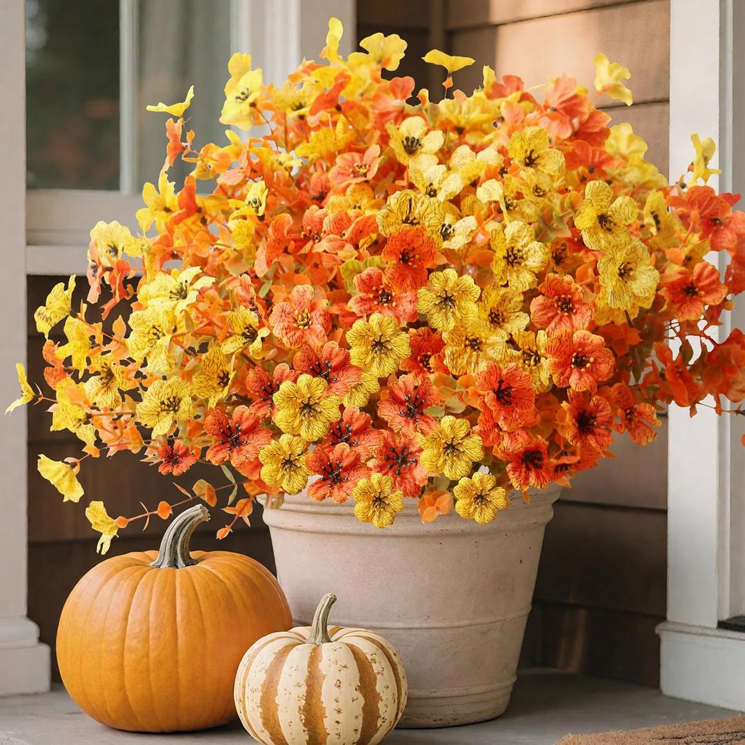 12 Bundles Outdoor Fall Decor Artificial Flowers Plants, UV Resistant, Realistic Autumn Yellow Orange Faux Fake Flowers Arrangement Outside Greenery for Pots Porch Garden Window Box
