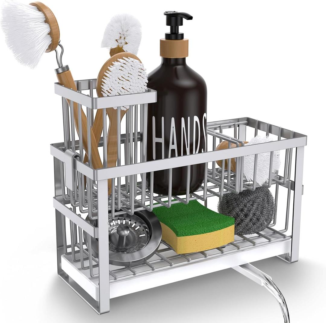 Hvisso 2-Tier Kitchen Sink Caddy with High Brush Holder, Sponge Holder for Sink, Kitchen Storage Organization Sponge Rack, Home Apartment Essential Gadgets Accessories (Silver)