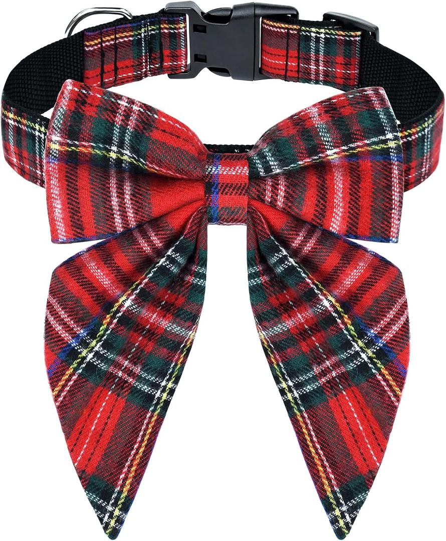 Malier Christmas Dog Collar with Bow tie, Classic Red Plaid Dog Christmas Collars for Girl and Boy, Cute Adjustable Holiday Puppy Collars for Small Medium Large Dogs Cats (Small, Red & Black)
