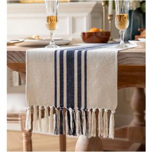 Boho Table Runner for Modern Farmhouse Decor, Dining Table décor 13 x 72 Inch Long with Handcrafted Tassels, Navy Blue and Beige Stripe Table Runner for Home Boho décor