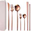 AARAINBOW 8 Pieces Stainless Steel Flatware Set Portable Reusable Cutlery Set Travel Utensils Set Including Chopsticks Knife Fork Spoon Straws Cleaning Brush Dishwasher Safe (Rose Golden)