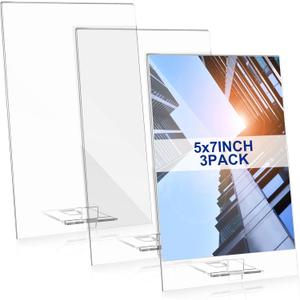 3 Pack Acrylic Sign Holder Double Sided Clear Display Stand Table Top Paper Holder Menu Flyer Slant Back Removable Desktop for Mall Restaurant Office Store Home T Shape(5 x 7 Inches)