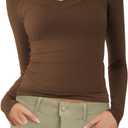 MIHOLL Womens Long Sleeve Off The Shoulder Tops Y2K Going Out Slim Fit Crop V Neck Shirts Fall Fashion Clothes Outfits