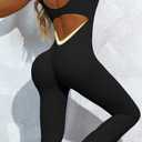 OVESPORT Workout Flare Jumpsuits Women Sexy Scrunch Butt Yoga Romper Backless Gym Bodycon V Back Seamless Unitard Playsuit Black, X-Large