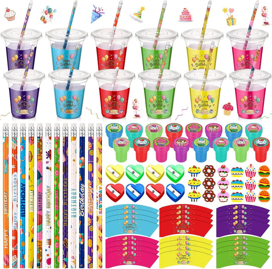 144 Pcs Happy Birthday Gifts for Students Return Gifts Birthday Party Favor Cups School Stationery Set Pencils Erasers Stampers Sharpeners Classroom Exchange Present for Goodie Bag Stuffers
