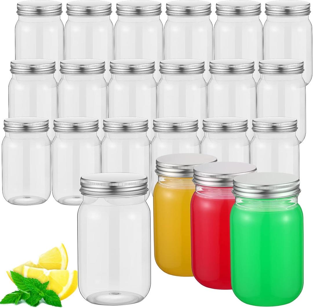 Gerrii 24 Pieces 16 oz Clear Plastic Mason Jars with Lids Refillable Mason Cocktail Cup Empty Canning Overnight Oats Container Plastic Candy Storage Jars Containers for Honey Spices Herbs (Silver)