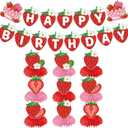 21 Pcs Strawberry Party Decorations,Honeycomb Centerpieces with Banner Cake Topper & Table Signs for Strawberry Theme Birthday Party Baby Shower Supplies,Pink Red Decor