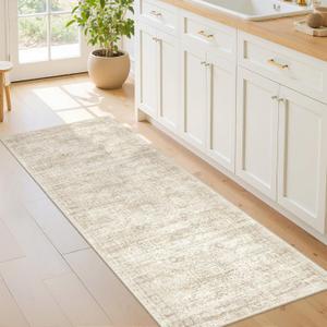 2x5 Rug Runner Washable for Entryway, Soft Bathroom Rugs with Non-Slip Backing, Abstract Low Pile Hallway Runner, Vintage Small Kitchen Carpet for Stair, Laundry Room(2'x5', Beige/Ivory)