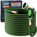 PowerFlow Garden Hose, NON-EXPANDABLE 50 Feet Premium Quality Stainless Steel Metal Water Hose with Durable Fabric Skin, Hose For Commercial, Residential Use, Bonus 10-way Spray Nozzle (50 Ft, Black)