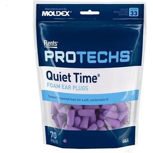 Flents Protechs Foam Ear Plugs, 70 Pair for Sleeping, Snoring, Loud Noise, Traveling, Concerts, Construction, Studying, Work, Shooting, NRR 33, Noise Cancelling, Disposable Purple, Made in the USA