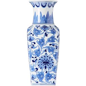 K&K Interiors Porcelain Blue and White Chinoiserie Square Vase, - 15299A