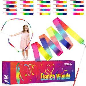20 Pack Ribbon Dancing Wands for Kids, Rainbow Dance Ribbon Streamers,Princess Party Favors Supplies Decorations,Girls Artistic Gymnastics Twirling Ribbon Stick,Gymnastics Goodie Bag Stuffers