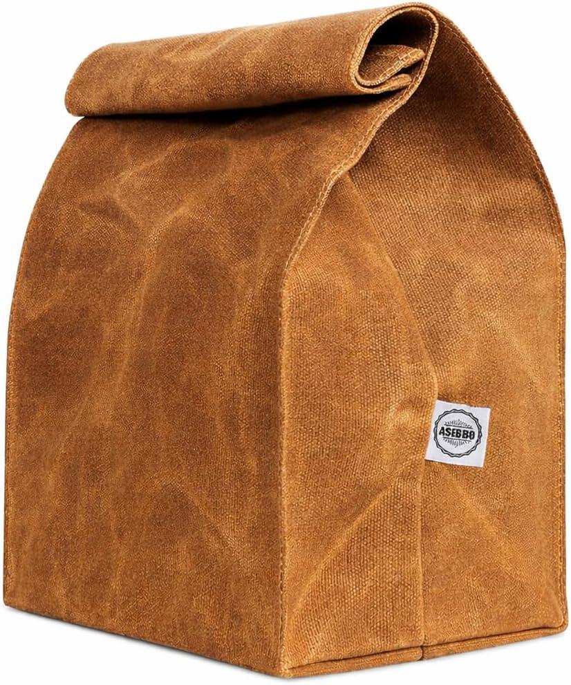 ASEBBO Waxed Canvas Lunch Bag  Reusable Insulated Paper Bag-Style Lunchbox for Adults  Leakproof & Durable Sack Lunch Box for Work, Picnic & Travel  Stylish Brown Bag Cooler with Shoulder Strap (Heritage Classic Bag, Tan)