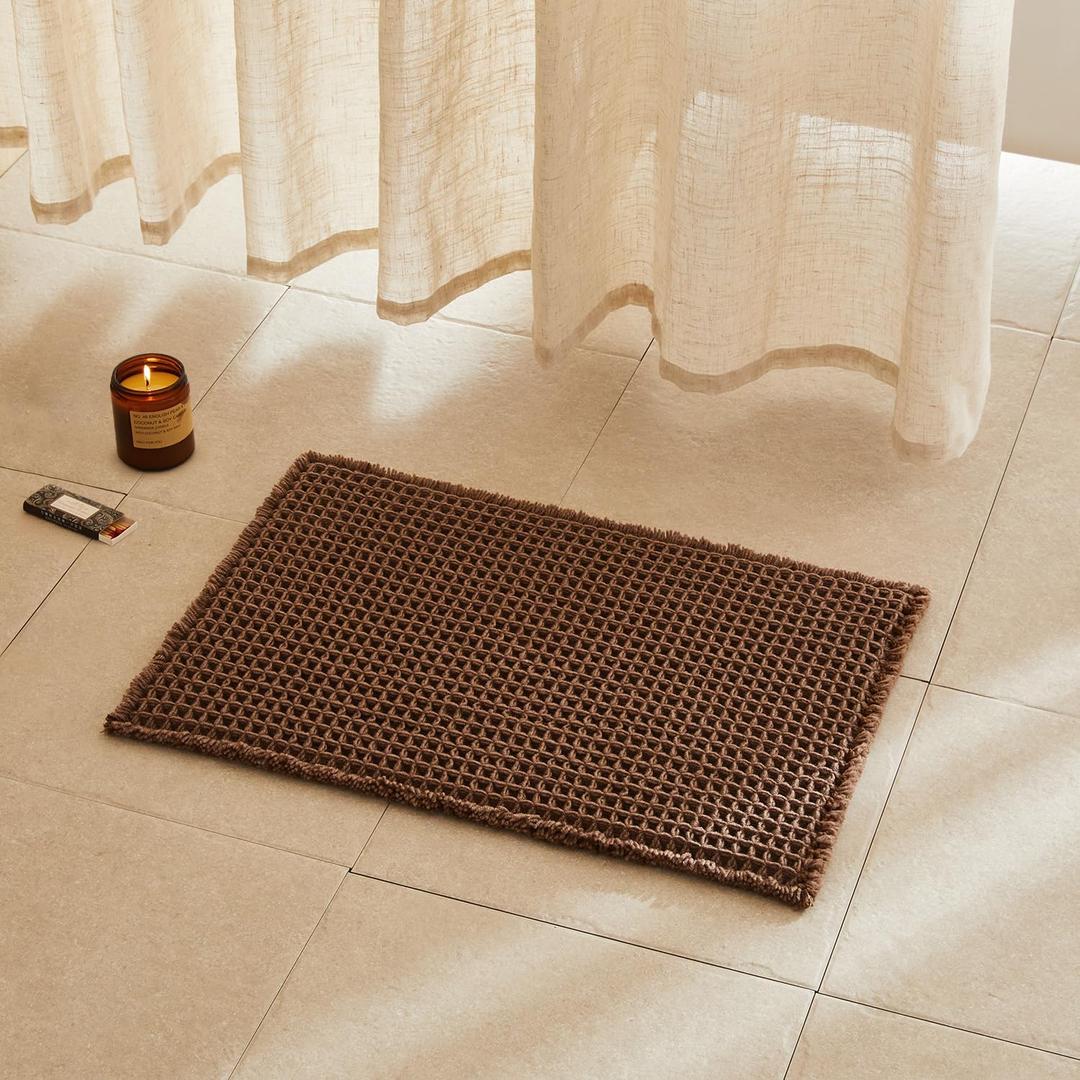 Waffle Bath Mat, Boho Bathroom Rugs Non Slip Washable Super Absorbent Quick Dry Bath Mat Farmhouse Bathroom Decor, 24"x16" Mocha