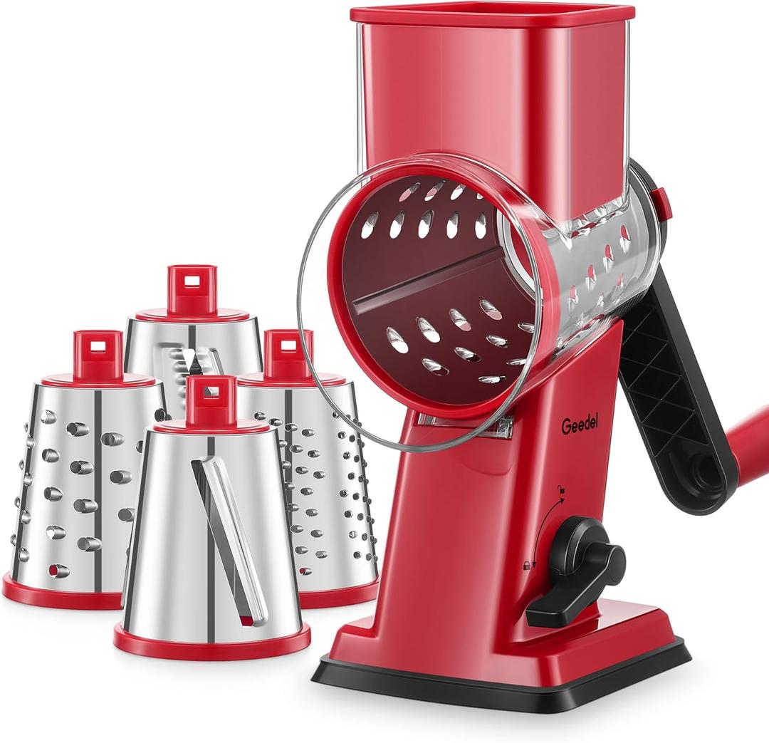 Geedel Rotary Cheese Grater - Upgraded Vegetable Shredder with 4 Interchangeable Blades, Easy to Clean Cheese Shredder with Handle, Kitchen Grater Nuts Grinder for Cutting Cheese, Vegetable, Nuts