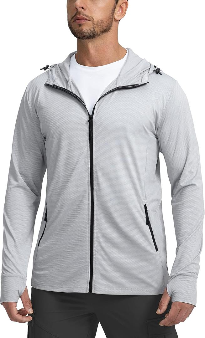 Men's UPF 50+ Light Jacket Full Zip Sun Protection Hoodie Long Sleeve Sun Shirts for Men Hiking Fishing Zip Pockets (X-Large)
