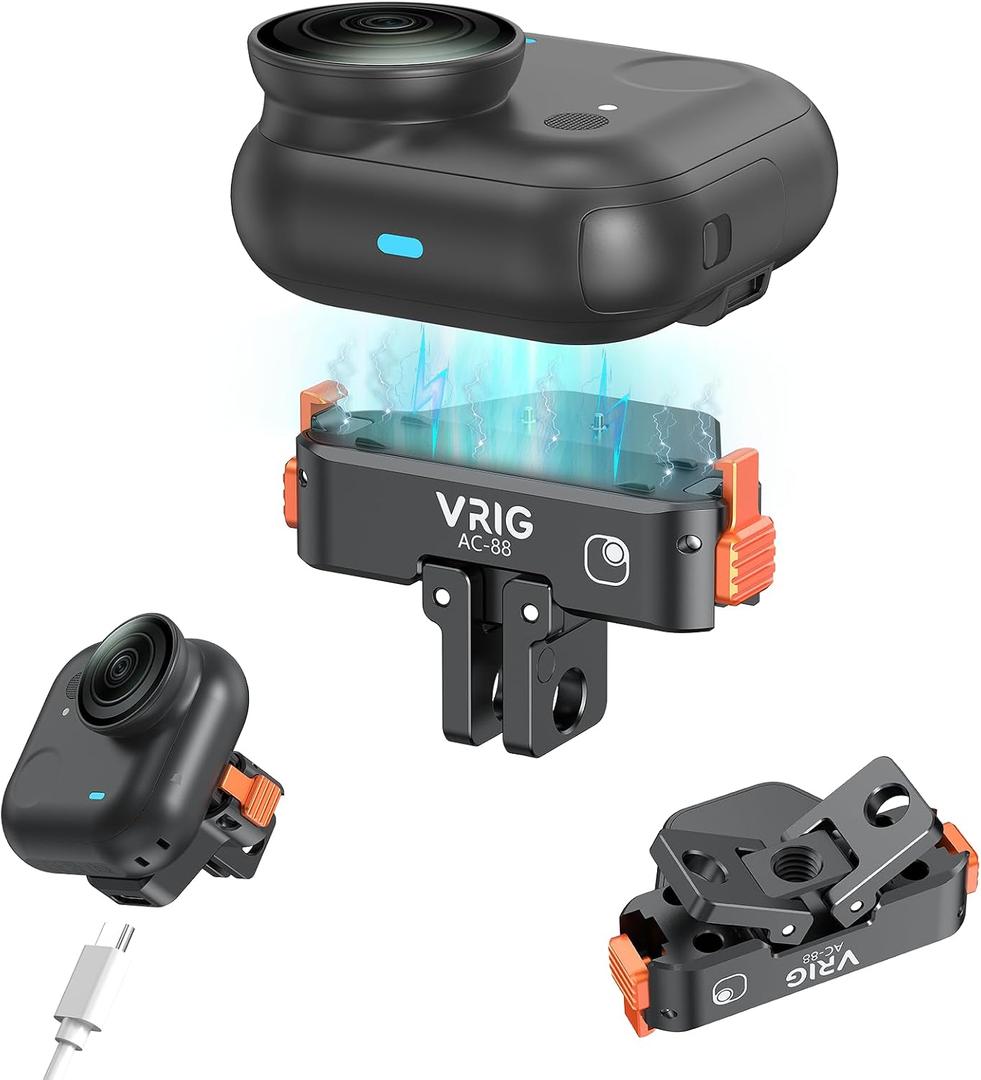 VRlG Magnetic Quick Release Mount for Insta360 GO Ultar with Charging, Aluminum snap-On Magnetic Base with Foldable Adapter and 1/4" Adapter for Tripods & Selfie Sticks, Vlogging AC88