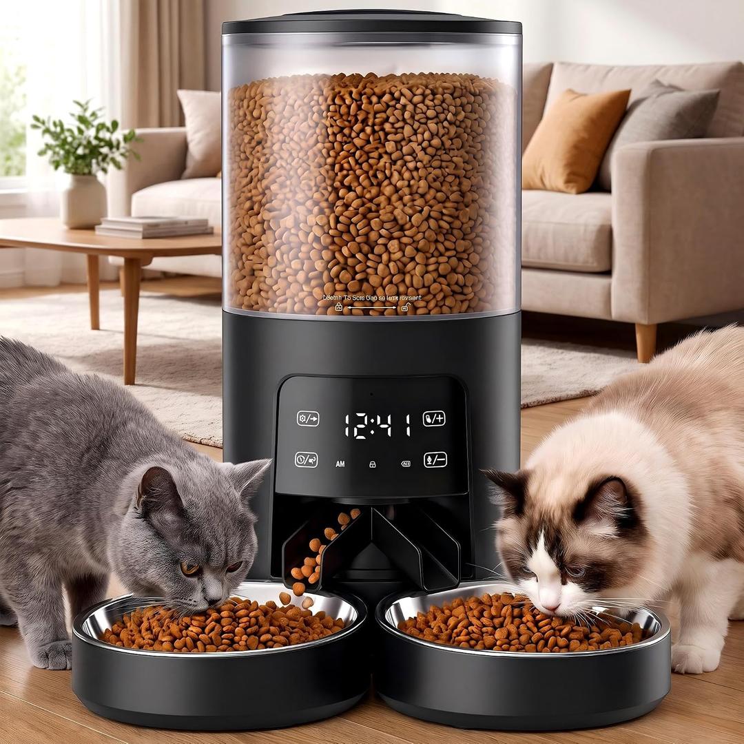 DUMOS 6L Automatic Cat Feeder for 2 Cats, Timed Pet Food Dispenser, Black
