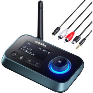 SOOMFON Bluetooth Transmitter for TV 3-in-1 Bluetooth 5.0 Transmitter Receiver for TV to 2 Headphones with LCD Display Adjustable Volume, Optical AUX RCA Bypass for Home Stereo Speaker