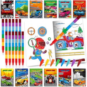 BenLouis 24 Race Car Mini Coloring Books Kids with 24 Stacking Crayons Racing Theme Party Favors Activity Books Bulk for Kids Fast Racecar Wheel Birthday Goodie Bag Gift Stuffer Classroom Reward