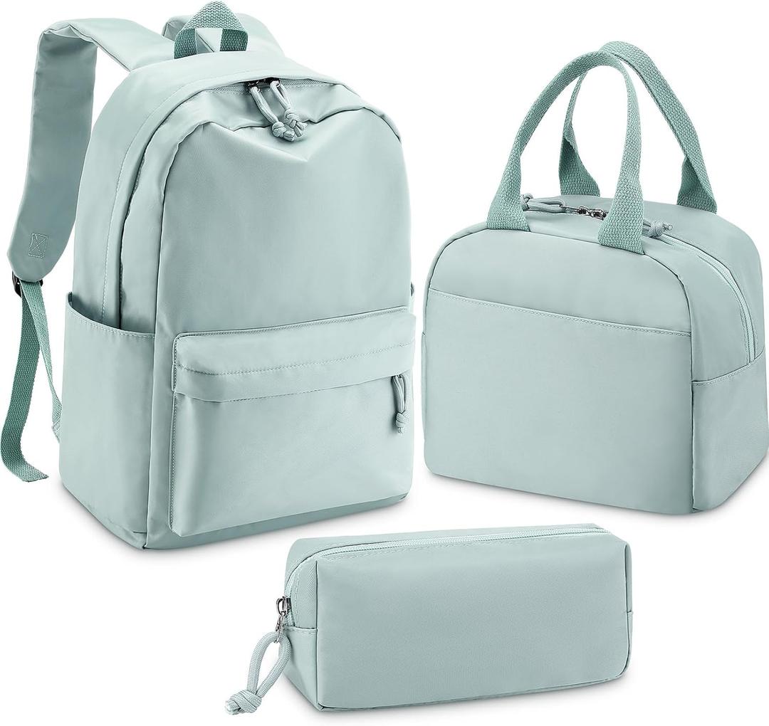 Cunno 3 Pcs School Backpack for Teen Girls Bookbags Kids Set with Lunch Box and Pencil Case College Laptop Casual Backpack(Matcha Green)