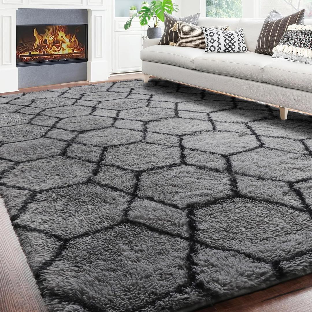 ONASAR 6x9 Area Rugs for Living Room Bedroom, Large Fluffy Grey and Black Throw Rug, Geometric Soft Plush Shaggy Fuzzy Floor Carpet for Nursery Kids Girls Boys Teen Dorm Home Office Decor Aesthetic