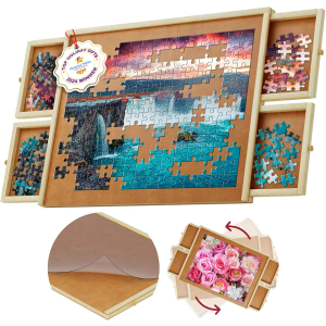 1000 Piece Wooden Jigsaw Puzzle Table - 4 Drawers, Rotating Puzzle Board | 30” X 22” Jigsaw Puzzle Board | Puzzles Cover Included - Portable Puzzle Tables for Adults and Kids by Beyond Innoventions