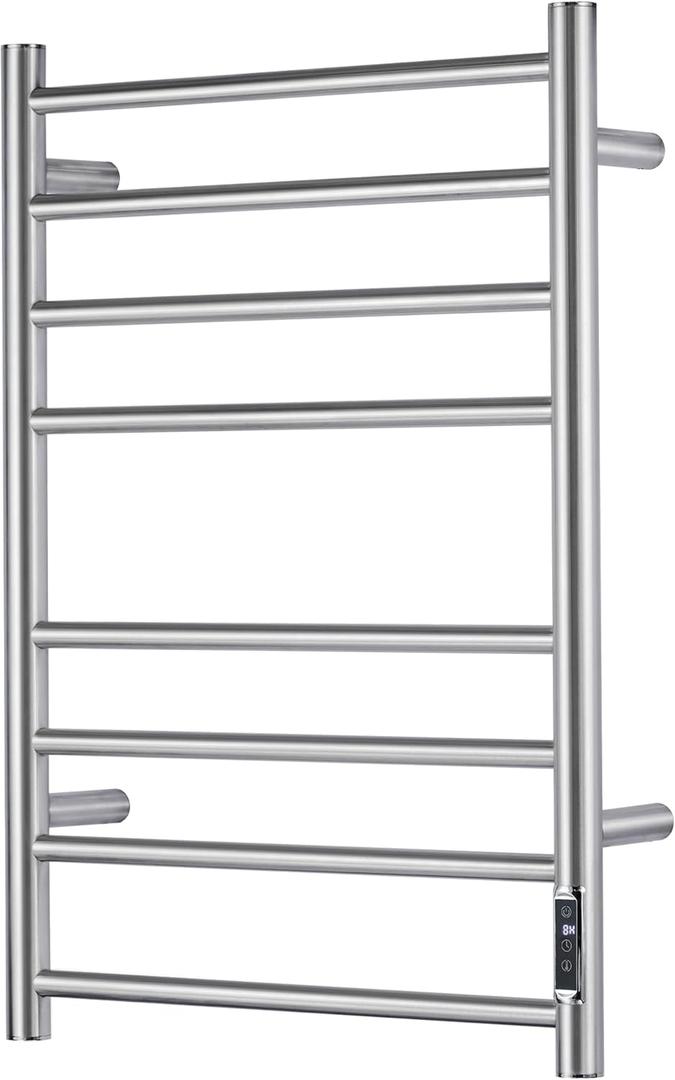Electric Heated Towel Warmer with Timer & Temperature Control- Wall Mounted Bathroom Towel Rack, Plug-in Design & Brushed Stainless Steel Finish (8 Bar)