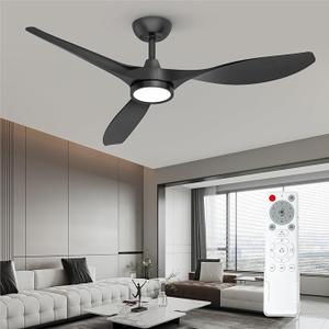 Roomratv Ceiling Fans with Lights and Remote, 52 Inch Large Airflow Indoor Ceiling Fans with Quiet DC Motor and 3 Colour Temperature Black Noiseless Attractive Design ABS Blades