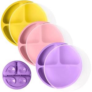 WeeSprout Suction Plates with Lids for Babies & Toddlers - 100% Silicone, Dinnerware Stays Put, Divided Design for Picky Eaters, Microwave & Dishwasher Friendly, 3 Pack (Bright Pink, Purple & Yellow)