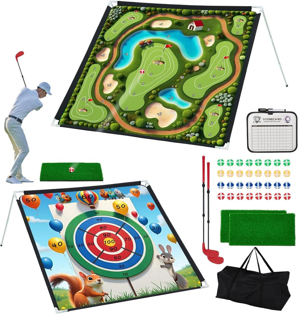 2-IN-1 Portable Golf Chipping Game Set 66FT 2PCS Adjustable Golf Practice Mat with 3-Level Golf Clubs 40 Sticky Balls for Indoor Outdoor Training Playing Chipping Golf Game Practice For Golfers