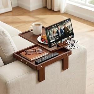 Couch Armrest Tray with Bamboo - Adjustable Sofa Arm Table with 360° Rotating Phone Holder and Hidden Storage Compartment for Snacks, Drinks, Remote, Fits Sofa Width of Armrest 5.5" - 9.8" (Brown)