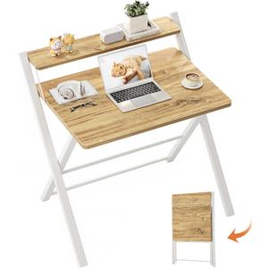 GreenForest Portable Small Desk No Assembly, 2-Tier Compact Computer Desk with Shelf, Space Saving Foldable Table for Home Office, Bedroom or Apartment, Portable Collapsible Sturdy Laptop Desk, Oak, 22 X 27.3 Inch