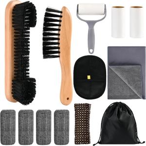 Tuhangcc 12PCS Complete Pool Table Brush Set All-in-One Cleaning Kit with 2 Sizes Wooden Brushes Lint Roller 2 Refills Plush Glove 4 Cue Sponges Suede Cloth Waterproof Storage Bag for Billiard Rooms