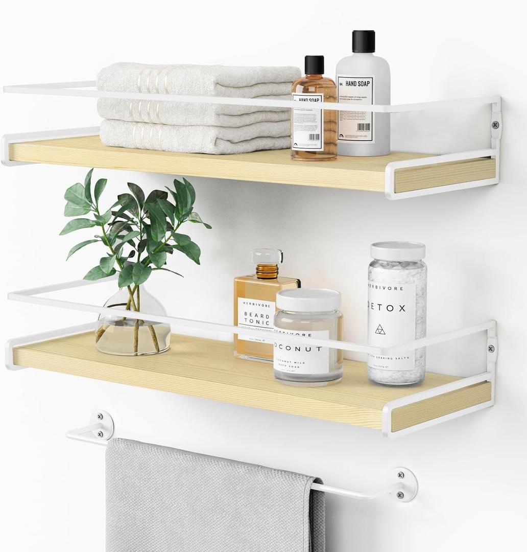 Forbena Floating Shelves for Wall with Rail, White and Natural Wood Nursery Book Shelves for Baby Girls Boys Kids Room Bedroom, Hanging Bookshelves Wall Mounted for Books, Toys, Bathroom (Set of 2)