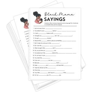 HerZii Prints Black Mama Sayings Baby Shower Game Cards with Answer Key, 50 Pack, Fun Party Activity Sheets, 5x7 Inch