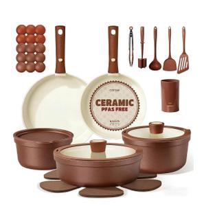 CAROTE 22Pcs Ceramic Cookware Set, Pots and Pans Set Non Stick Removable Handles, Non Toxic Cookware Oven/Dishwasher Safe, Induction Cookware, Gift Set, NonStick Cookware Set with Kitchen Essentials
