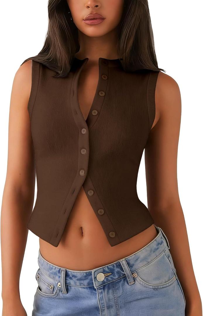 Womens Ribbed Tank Top Summer Sleeveless Button Down T Shirts Going Out Tops Cute Trendy Work Vest Casual Y2K Crop Top (Brown, S)