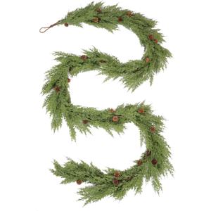 WBHome Real Touch Cypress Cedar & Pine Cone Evergreen Garland for Christmas Holiday Seasonal Outdoor/Indoor Home Decor, 9FT Long